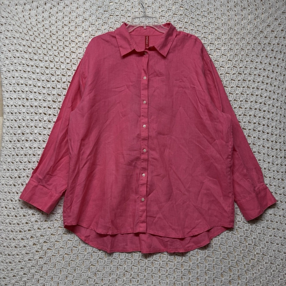 SPANX 100%Linen Shirt Women XL Pink Button Up Fuchsia Oversized Tunic Top Beach